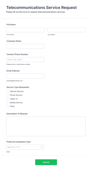 Telecommunications Service Request Form Form Template