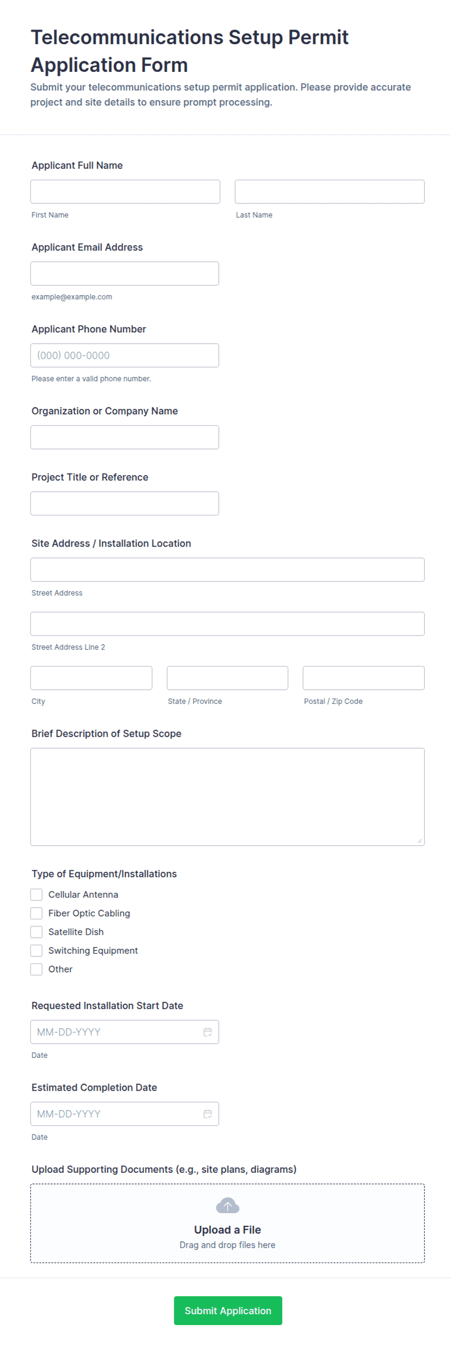 Telecommunications Setup Permit Application Form Template | Jotform