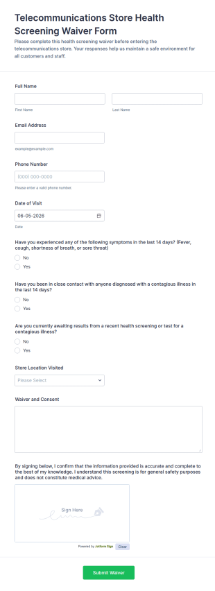 Telecommunications Store Health Screening Waiver Form Template