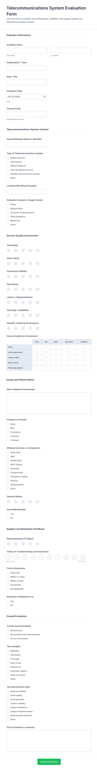 Telecommunications System Evaluation Form Template