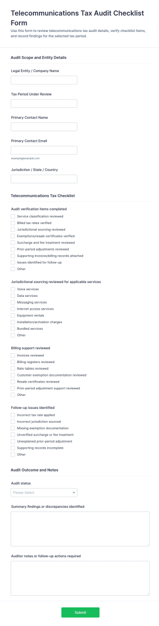 Telecommunications Tax Audit Checklist Form Template