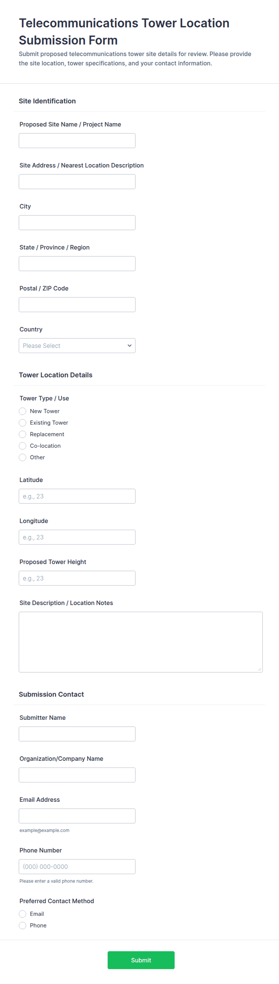 Telecommunications Tower Location Submission Form Template | Jotform