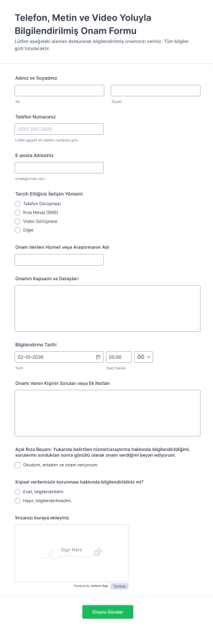 Telefon, Metin Ve Video Yoluyla Bilgilendirilmiş Onam Form Şablonu