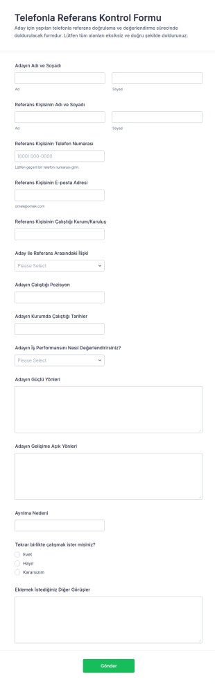 Telefon Referans Kontrolü Anketi Form Şablonu