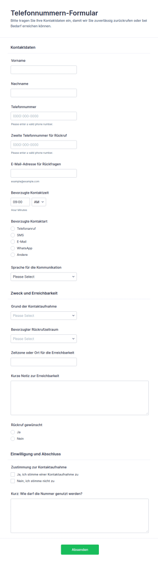 Telefonnummer Erfassungsformular