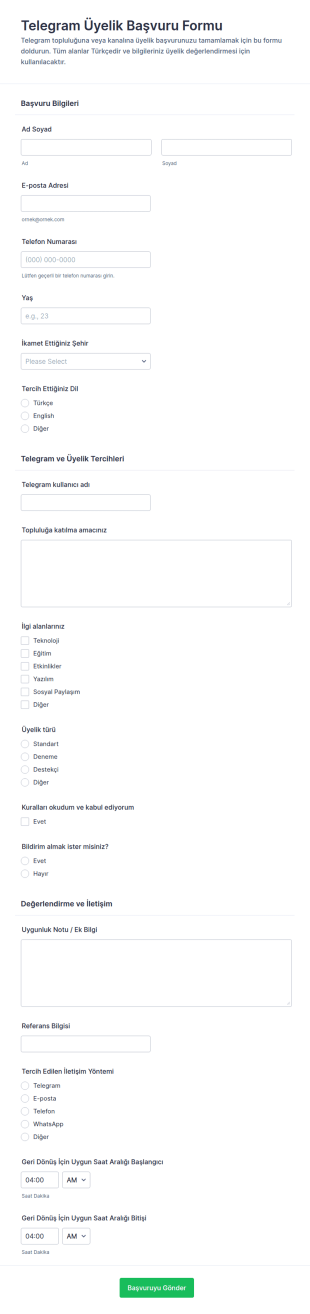 Telegram Üyelik Kayıt Form Şablonu