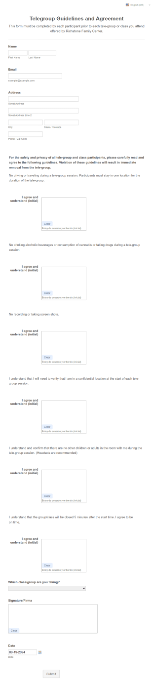 Telegroup Guidelines And Agreement (ENGSPANISH) Form Template