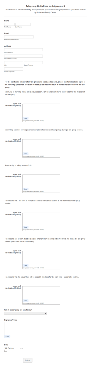 Telegroup Guidelines And Agreement (ENGSPANISH) Form Template