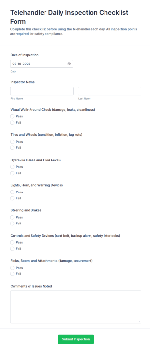Telehandler Daily Inspection Checklist Form Template