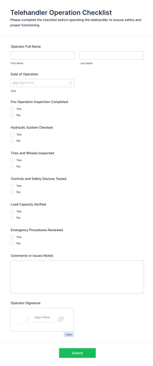 Telehandler Operation Checklist Form Template