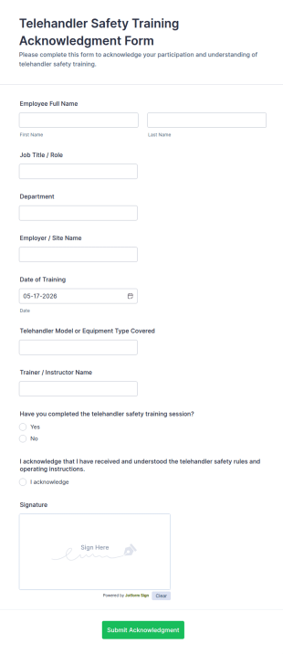 Telehandler Safety Training Acknowledgment Form Template