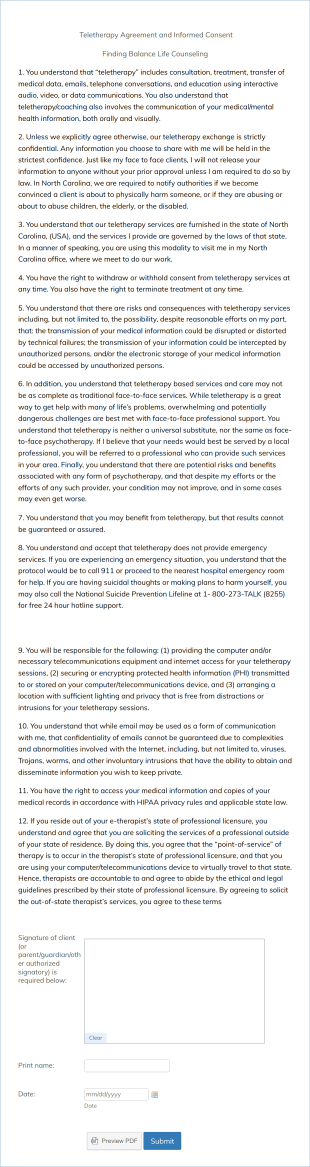 Telehealth Agreement And Informed Consent Form Template