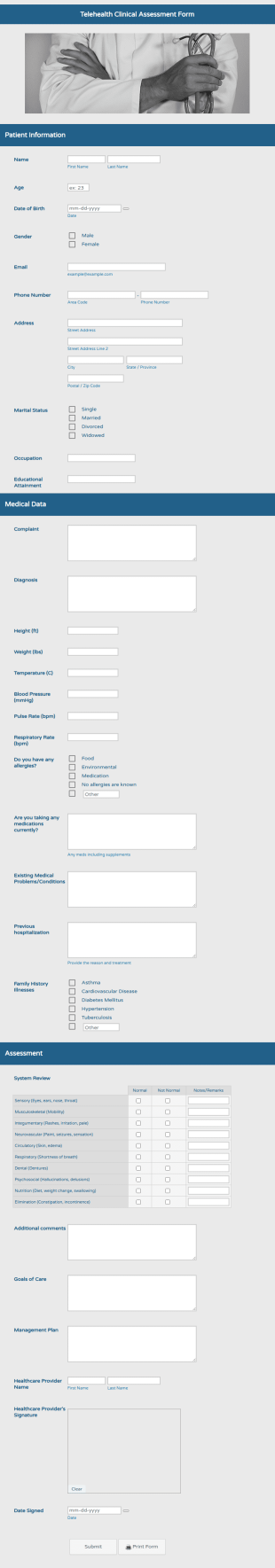 Telehealth Clinical Assessment Form Template