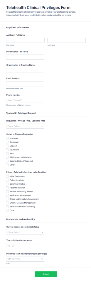 Telehealth Clinical Privileges Form Template