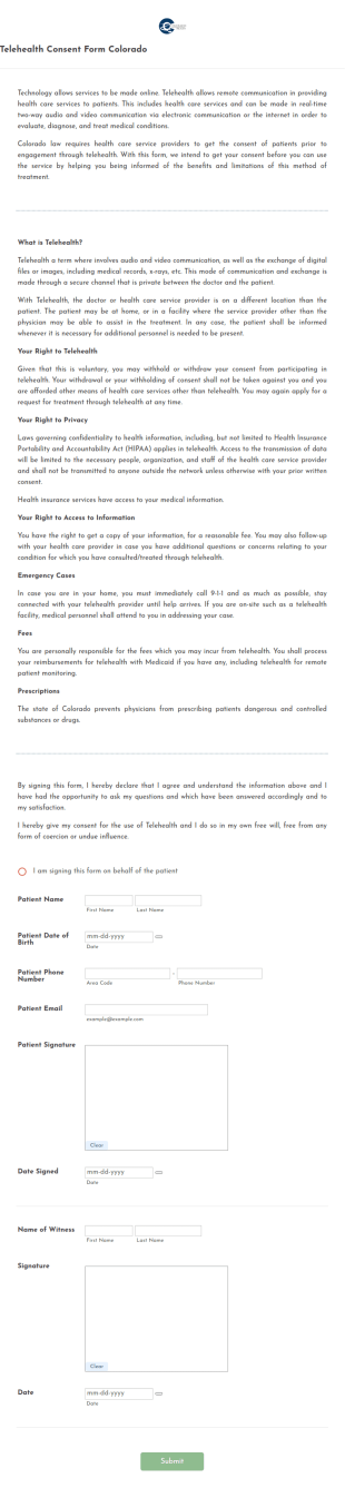 Telehealth Consent Form Colorado