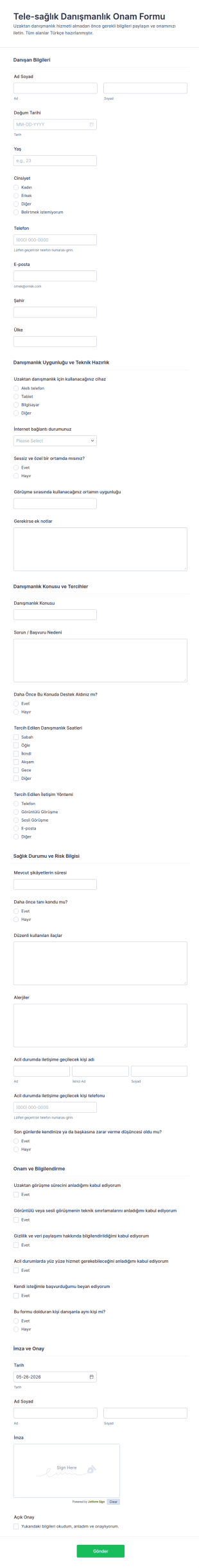 Telehealth Danışmanlık Rıza Form Şablonu