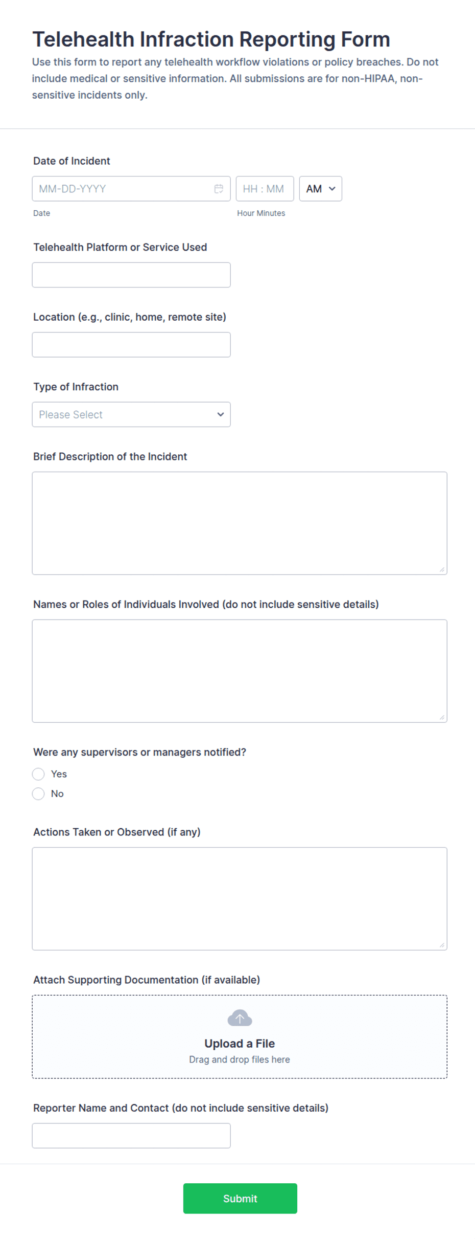 Telehealth Infraction Reporting Form Template | Jotform