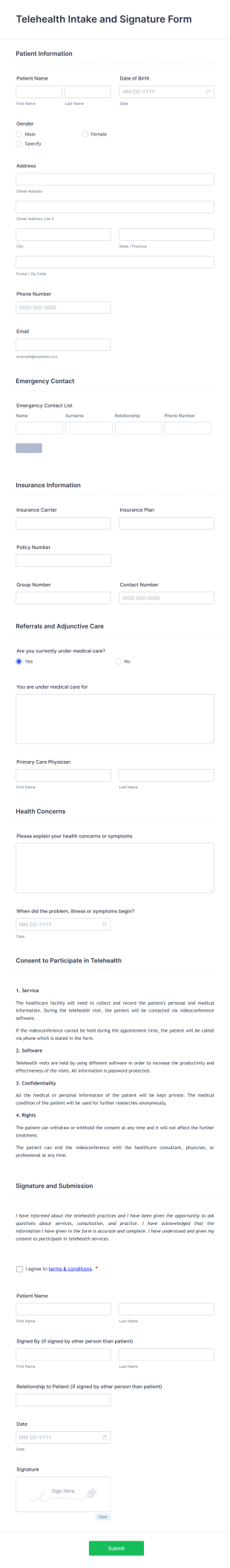 Telehealth Intake And Signature Form Template