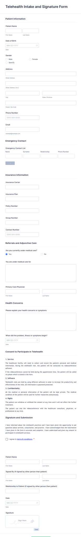 Telehealth Intake And Signature Form Template