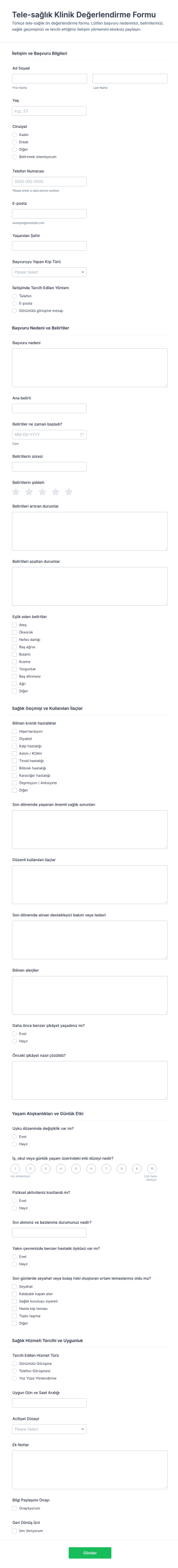Telehealth Klinik Değerlendirme Anketi Form Şablonu