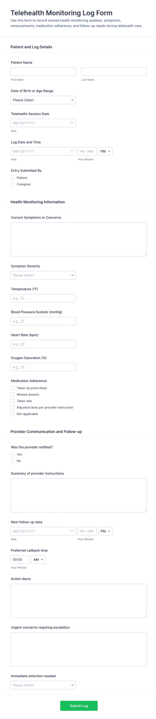 Telehealth Monitoring Log Form Template