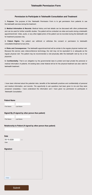 Telehealth Permission Form Template