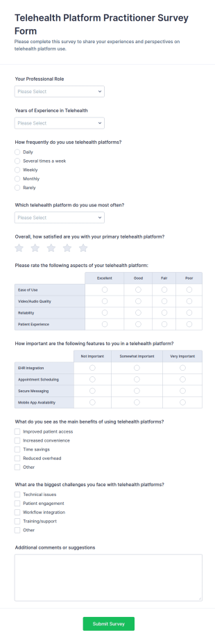 Telehealth Platform Practitioner Survey Form Template
