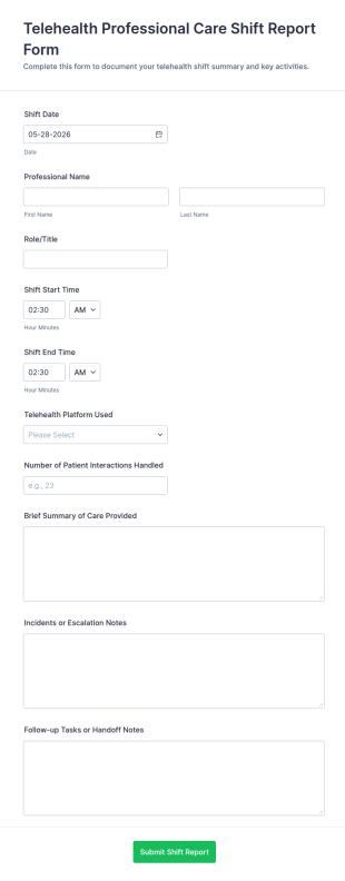 Telehealth Professional Care Shift Report Form Template