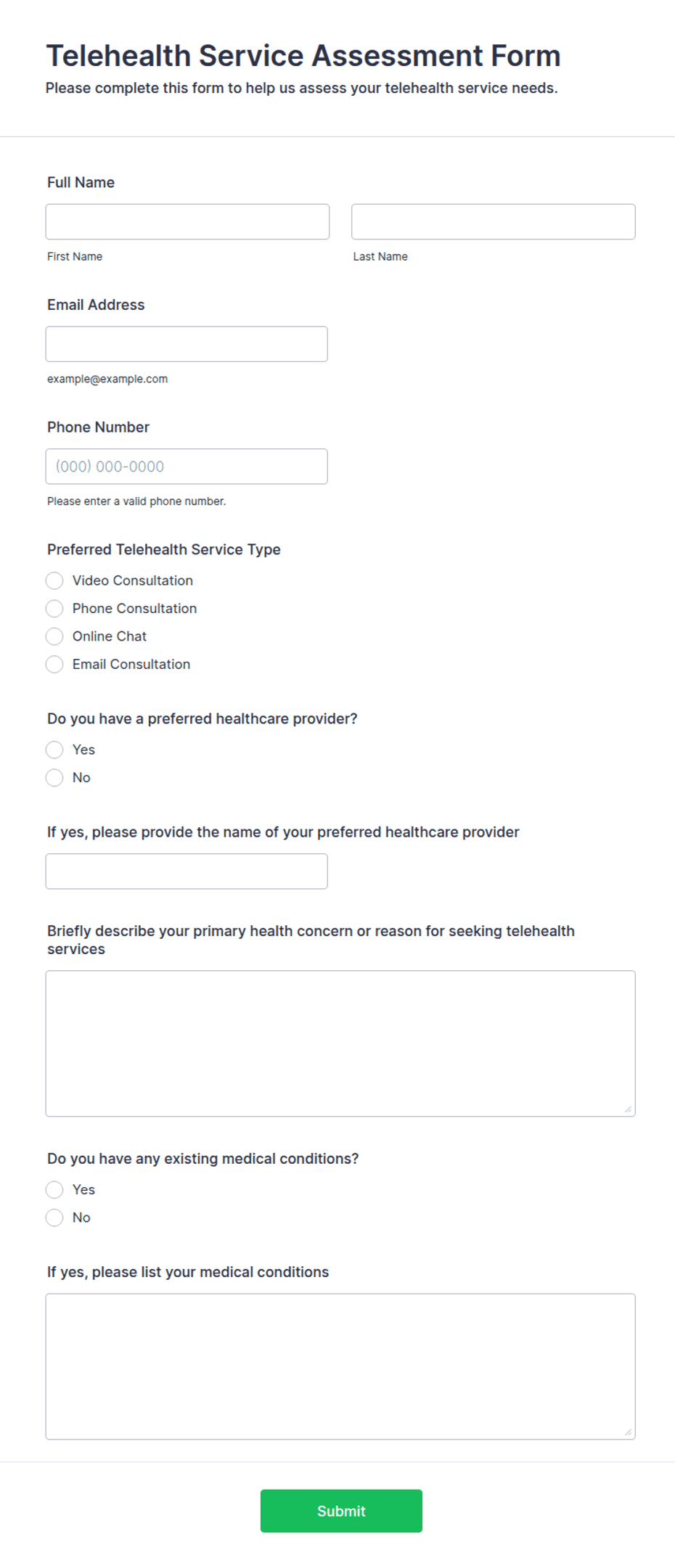 Telehealth Service Assessment Form Template | Jotform