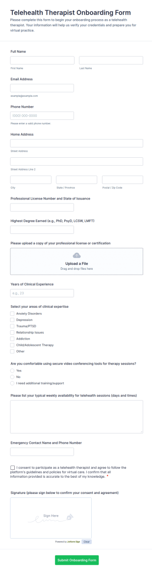 Telehealth Therapist Onboarding Form Template