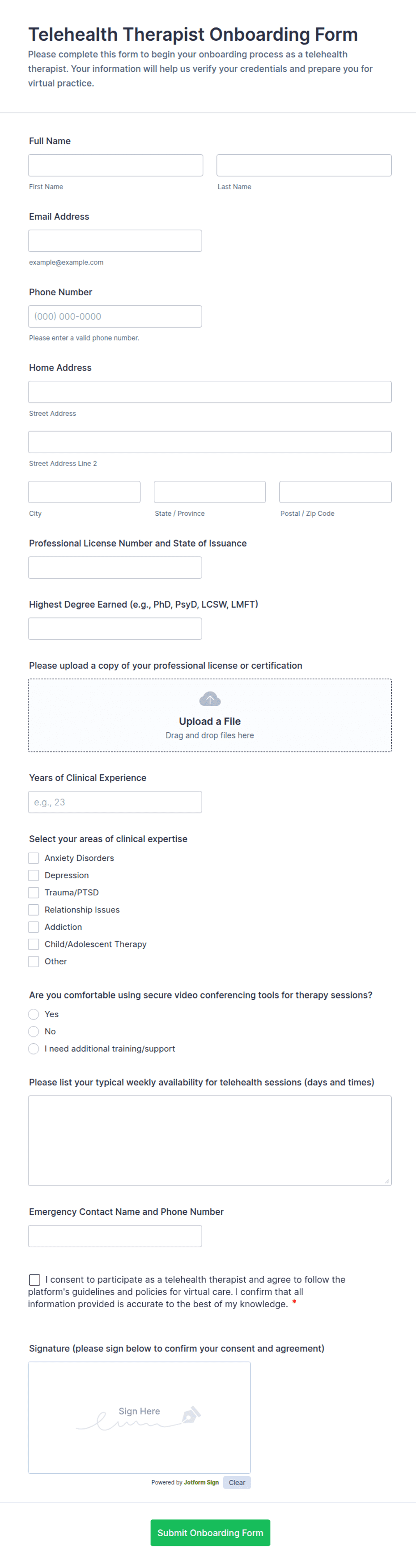 Telehealth Therapist Onboarding Form Template | Jotform