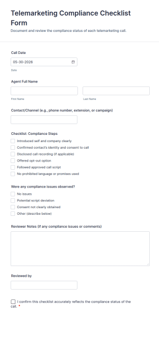 Telemarketing Compliance Checklist Form Template