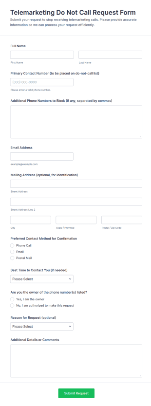 Telemarketing Do Not Call Request Form Template