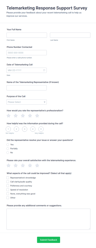 Telemarketing Response Support Survey Form Template