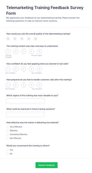 Telemarketing Training Feedback Survey Form Template
