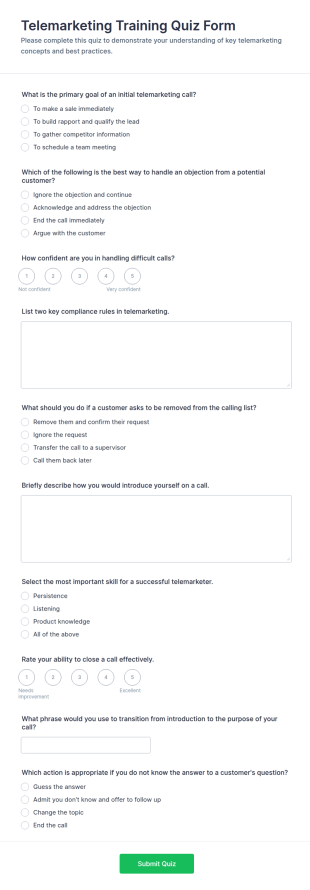 Telemarketing Training Quiz Form Template