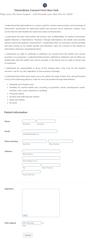 Telemedicine Consent Form New York