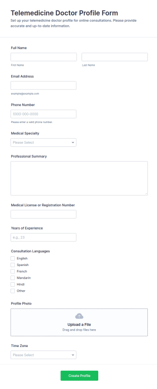 Telemedicine Doctor Profile Form Template