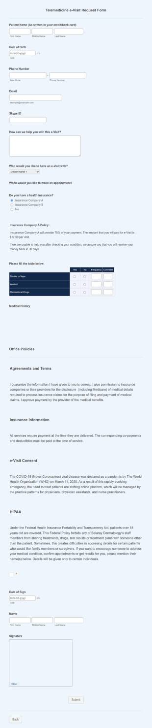 Telemedicine E Visit Request Form Template