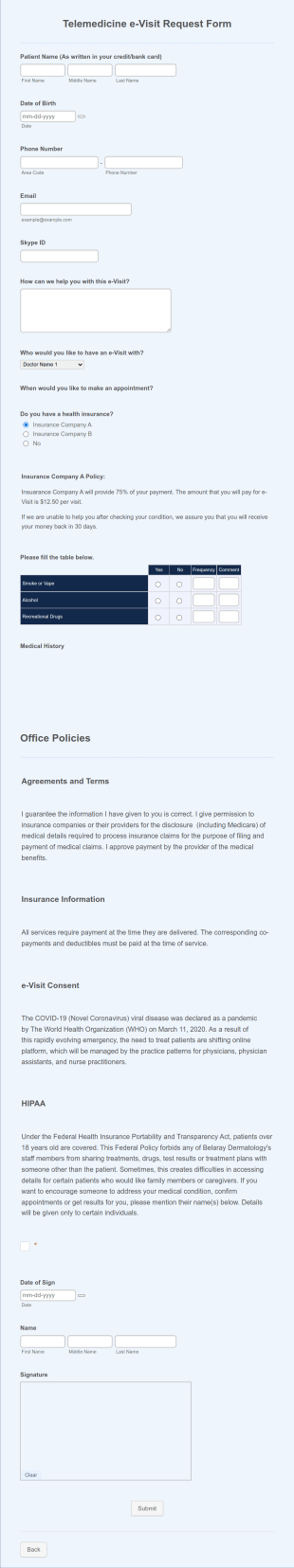 Telemedicine E Visit Request Form Template
