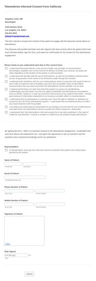 Telemedicine Informed Consent Form California