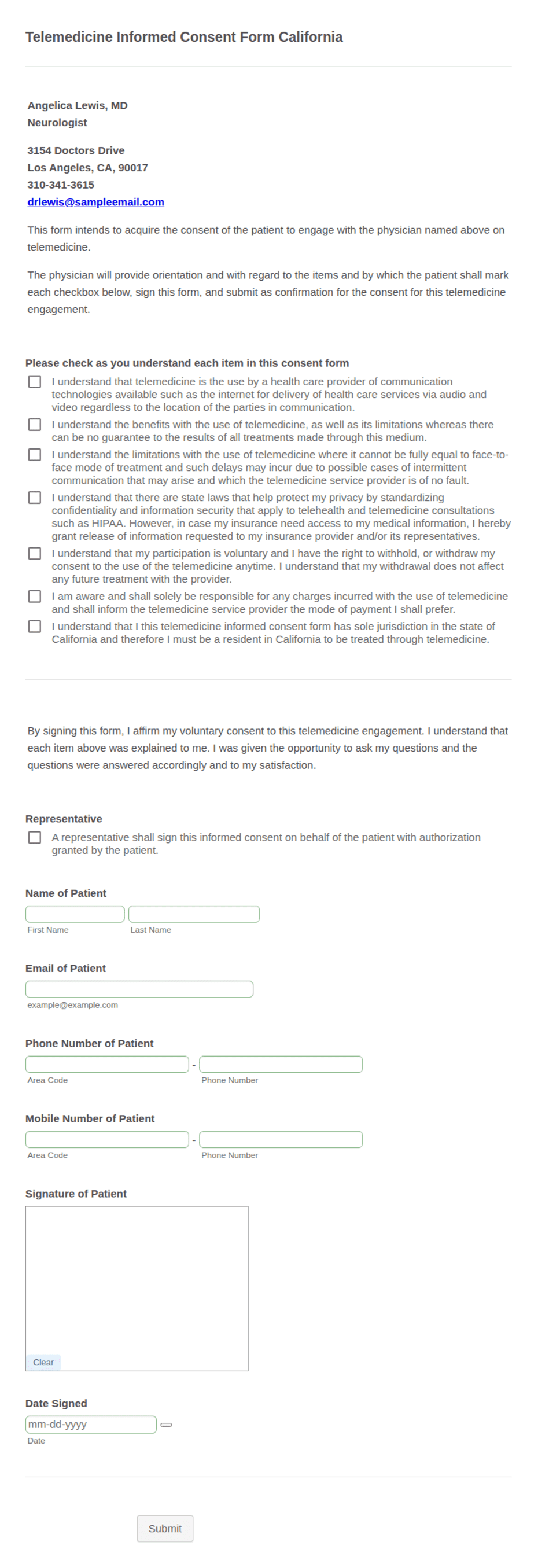 Telemedicine Informed Consent Form California Form Template Jotform