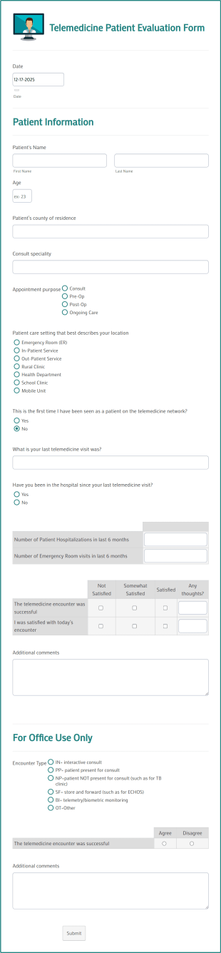 Telemedicine Patient Evaluation Form Template