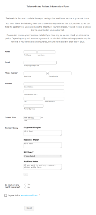 Telemedicine Patient Information Form Template