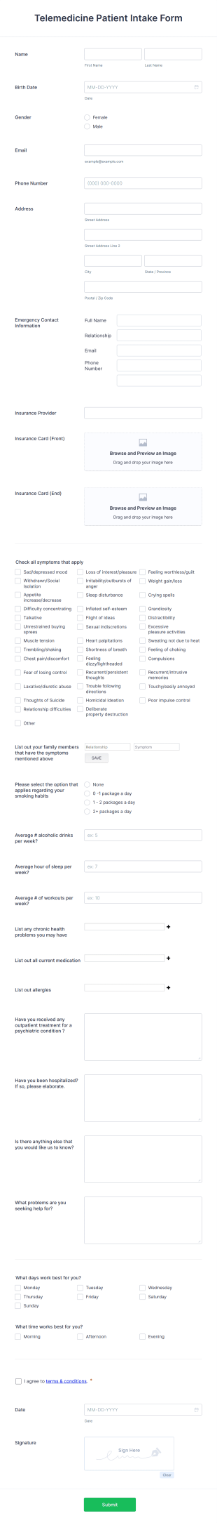 Telemedicine Patient Intake Form Template