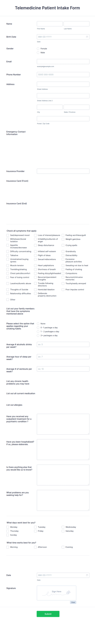Telemedicine Patient Intake Form Template