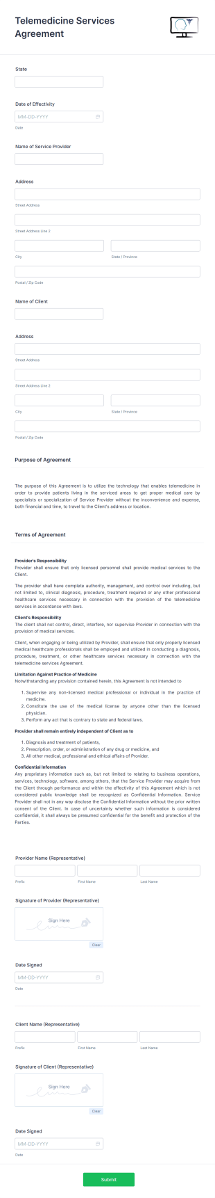 Telemedicine Services Agreement Form Template