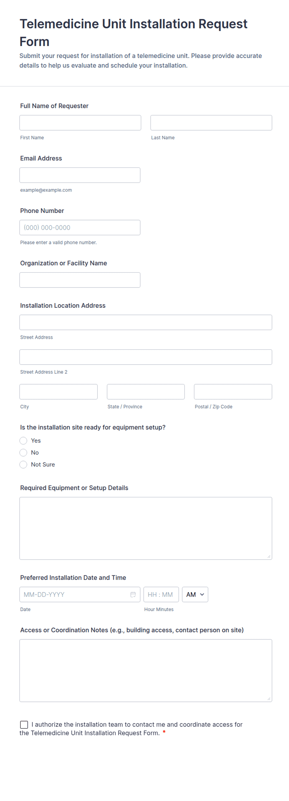 Telemedicine Unit Installation Request Form Template | Jotform