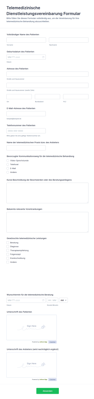 Telemedizin Servicevereinbarung Formular 📋
