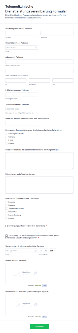Telemedizin Servicevereinbarung Formular 📋